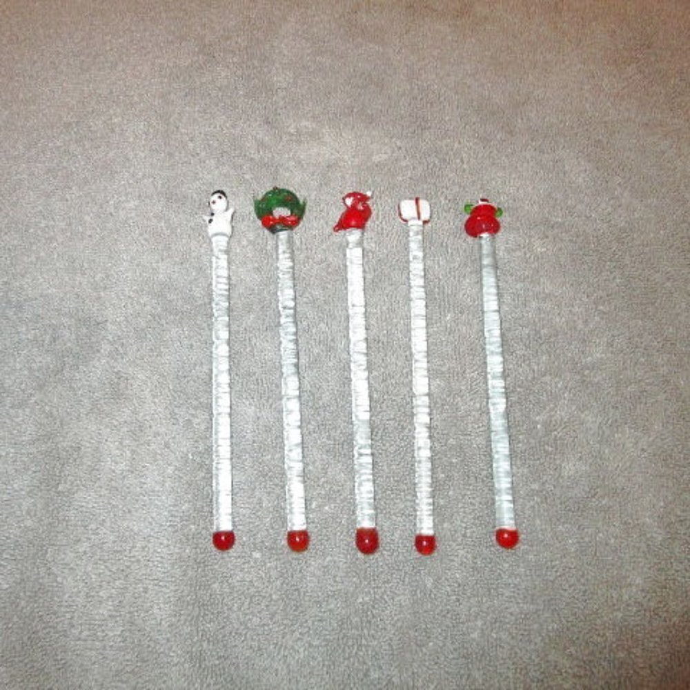 Vtg Hand Blown Glass Christmas Swizzle Sticks Set Of 5 Drink Cocktail Stirrer